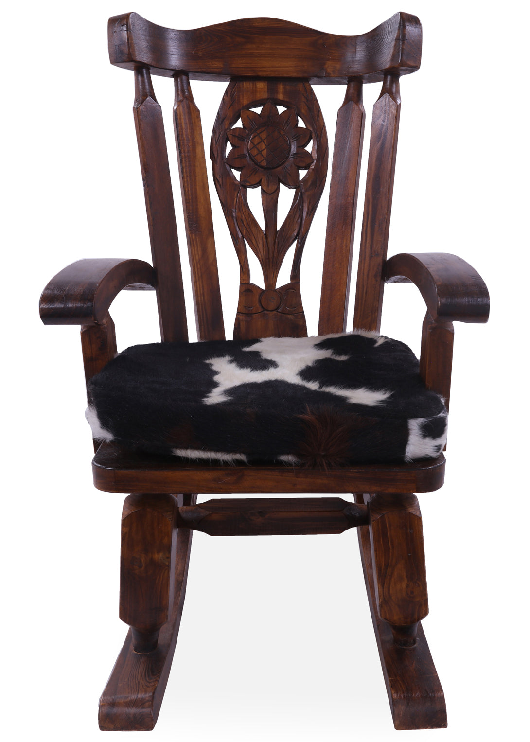 Wooden Rocking Chair Handcarved Back Sunflower Removable Hair-On Cowhide Pillow - Golden Nile