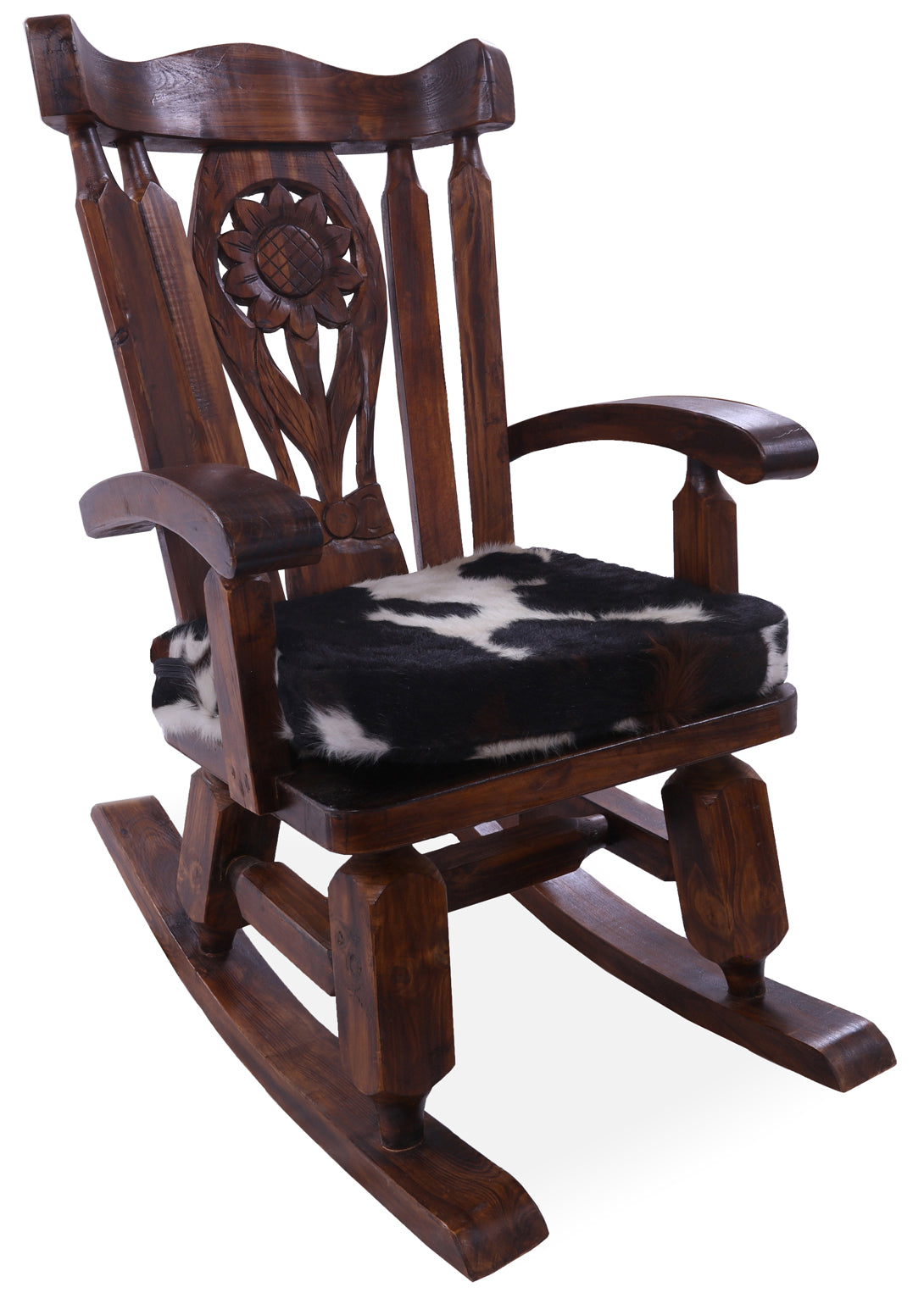 Wooden Rocking Chair Handcarved Back Sunflower Removable Hair-On Cowhide Pillow - Golden Nile