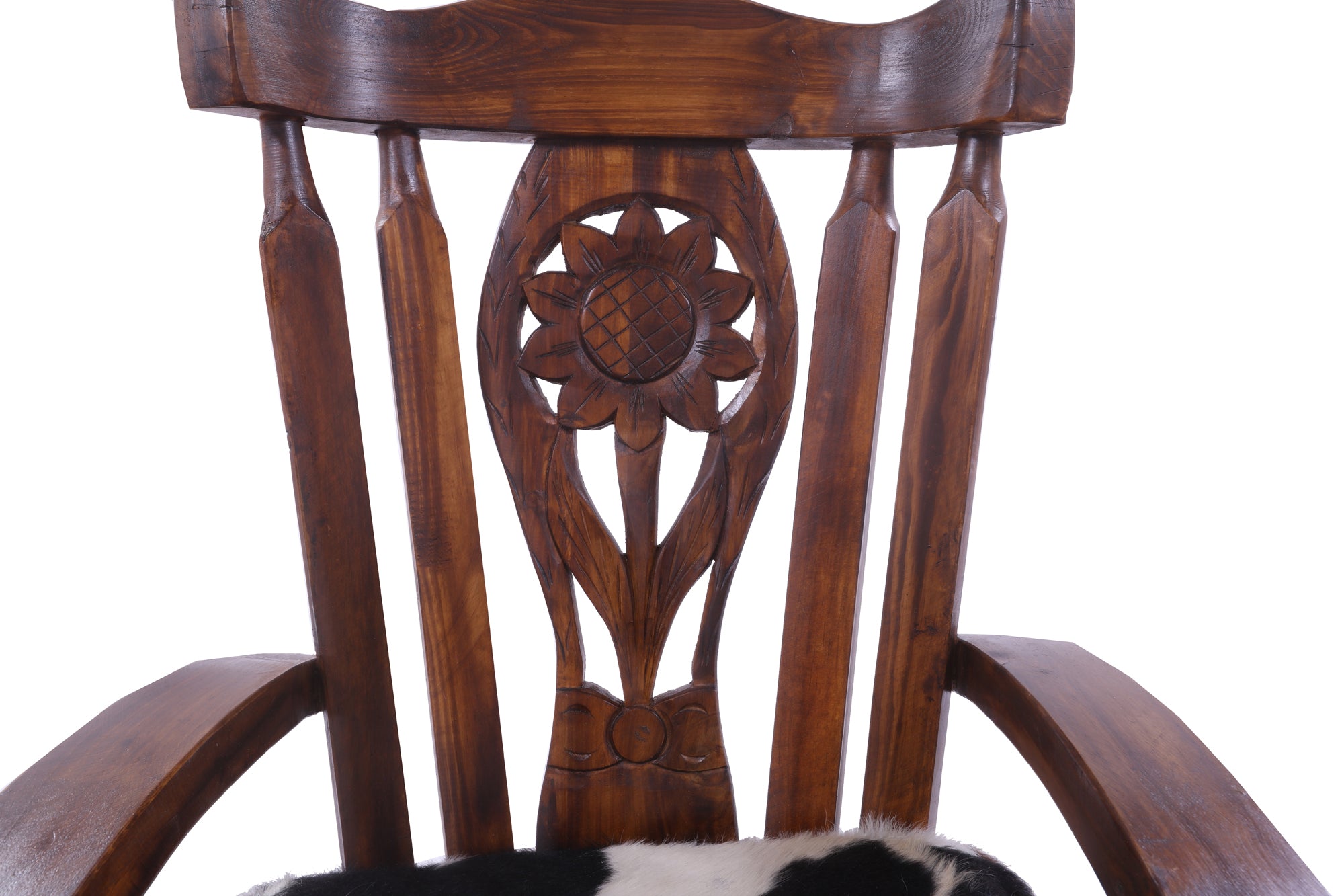 Wooden Rocking Chair Handcarved Back Sunflower Removable Hair-On Cowhide Pillow - Golden Nile
