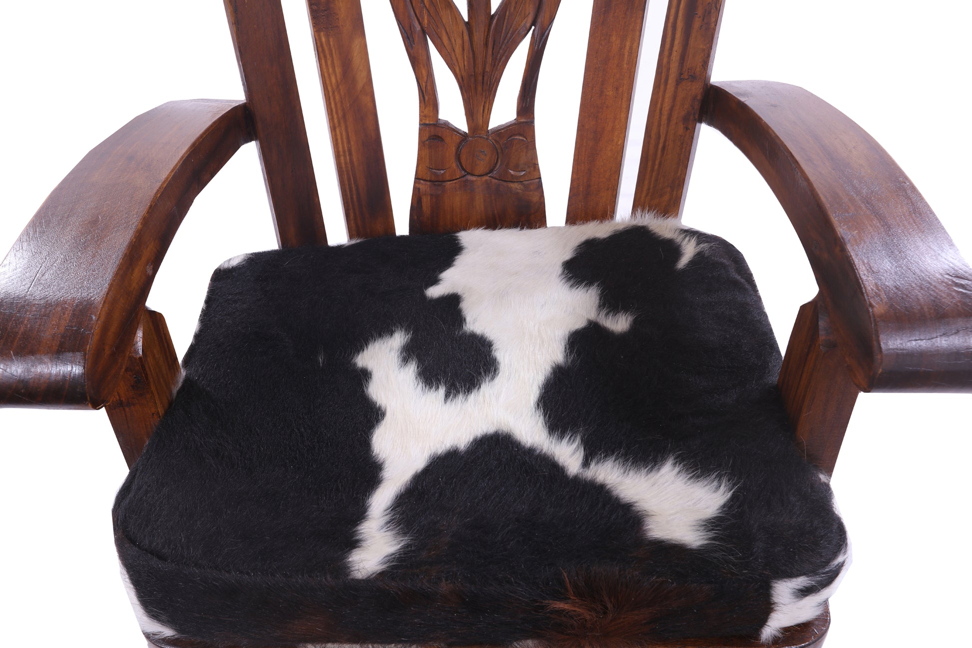 Wooden Rocking Chair Handcarved Back Sunflower Removable Hair-On Cowhide Pillow - Golden Nile