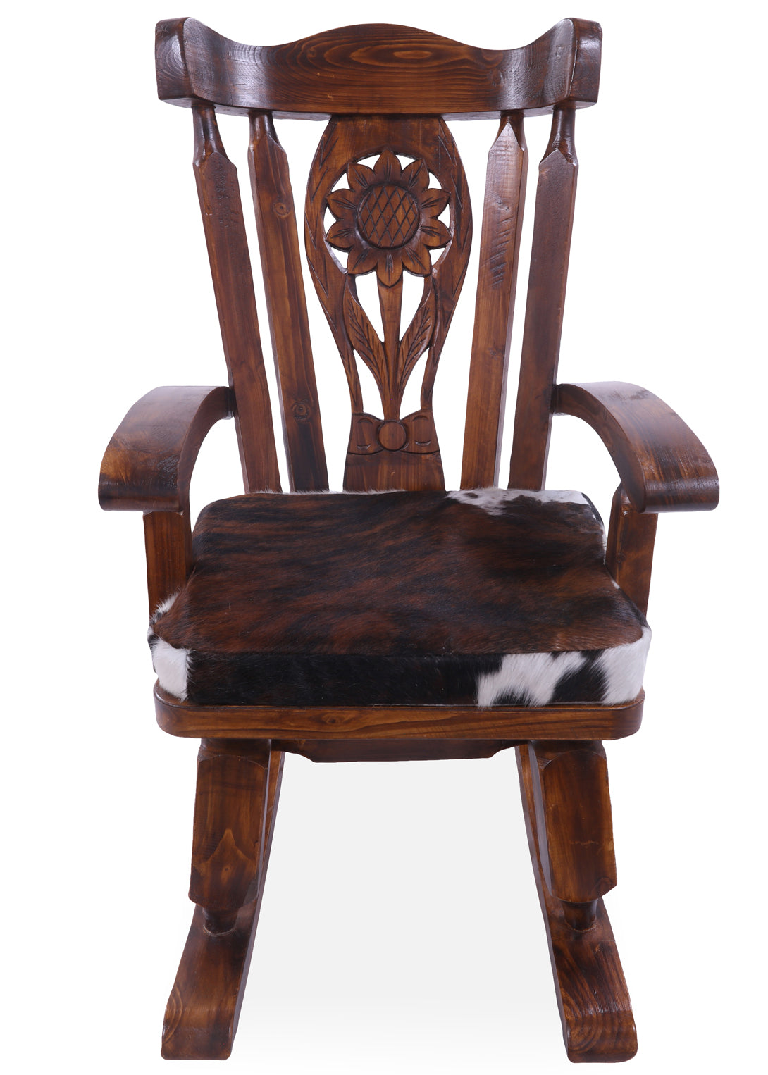 Wooden Rocking Chair Handcarved Back Sunflower Removable Hair-On Cowhide Pillow - Golden Nile