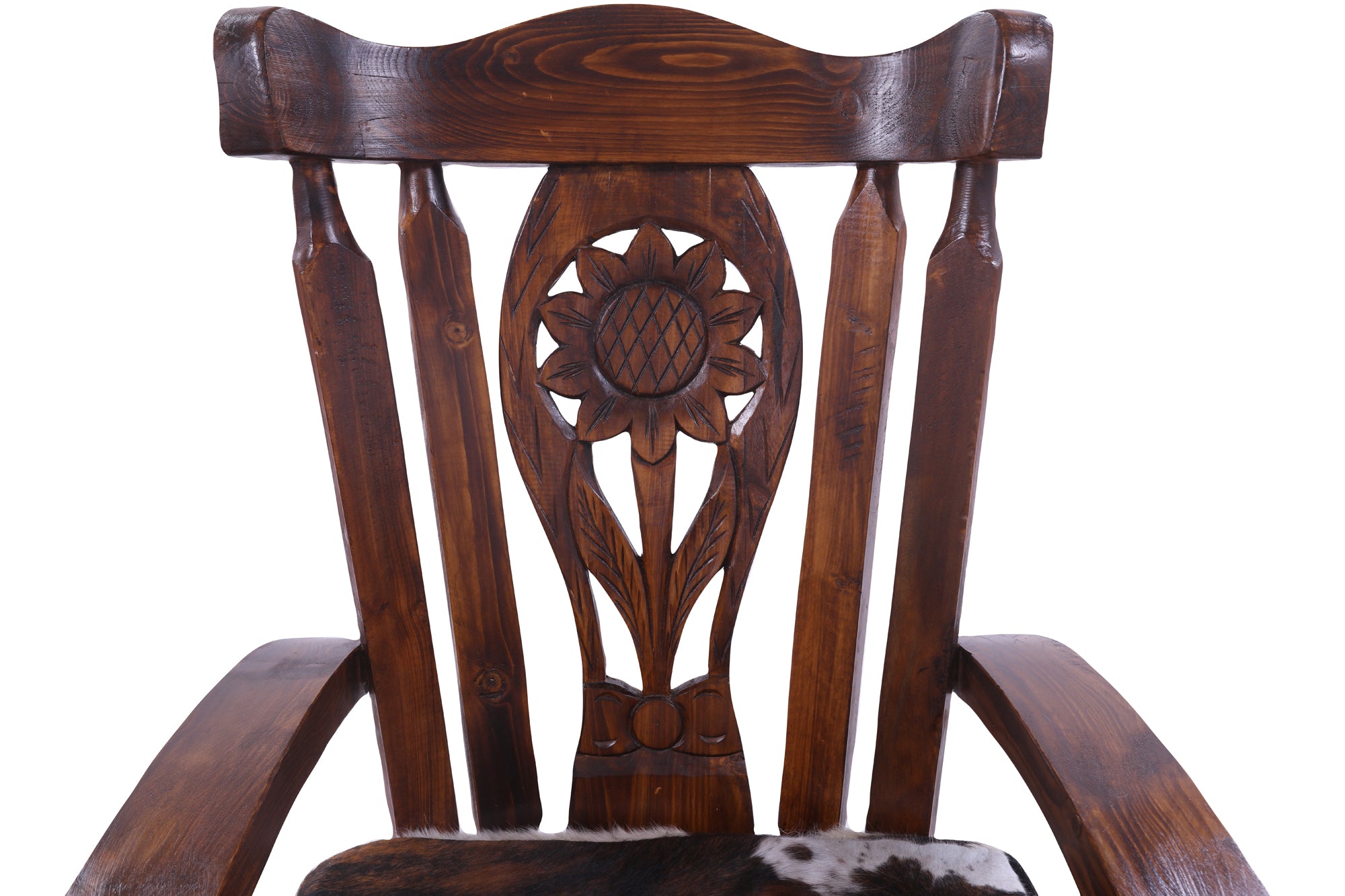 Wooden Rocking Chair Handcarved Back Sunflower Removable Hair-On Cowhide Pillow - Golden Nile