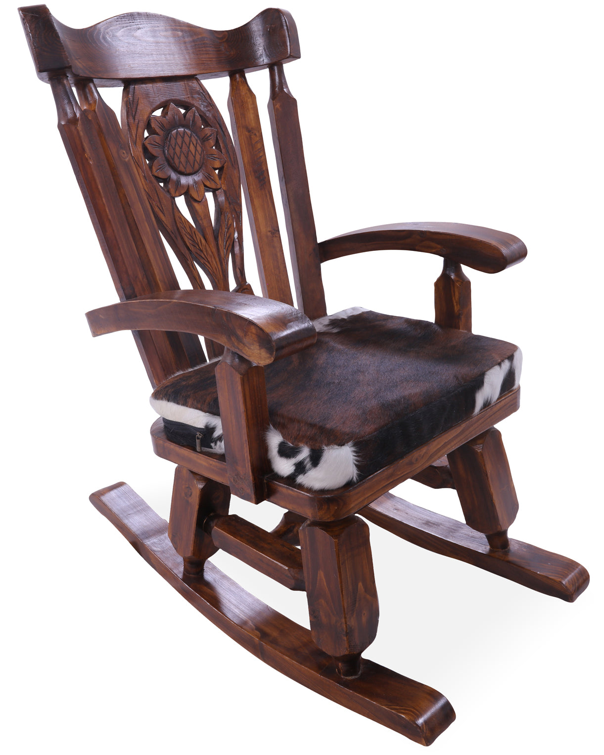 Wooden Rocking Chair Handcarved Back Sunflower Removable Hair-On Cowhide Pillow - Golden Nile