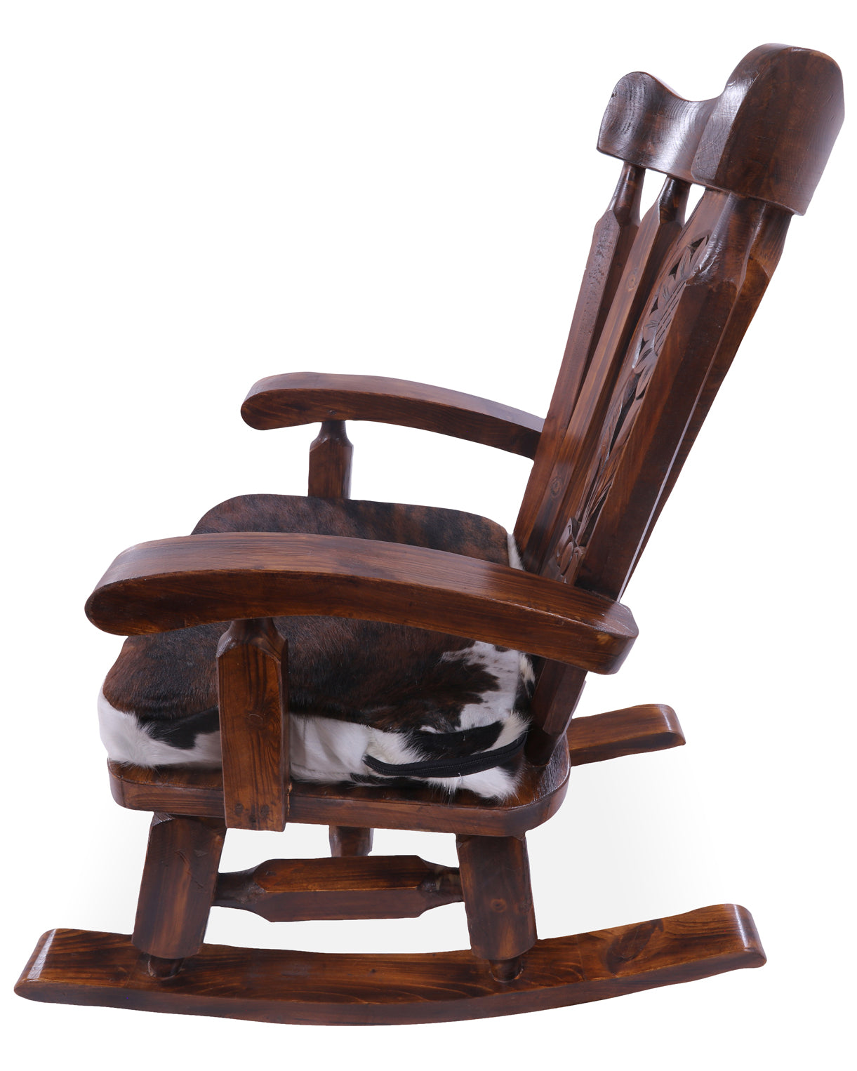Wooden Rocking Chair Handcarved Back Sunflower Removable Hair-On Cowhide Pillow - Golden Nile
