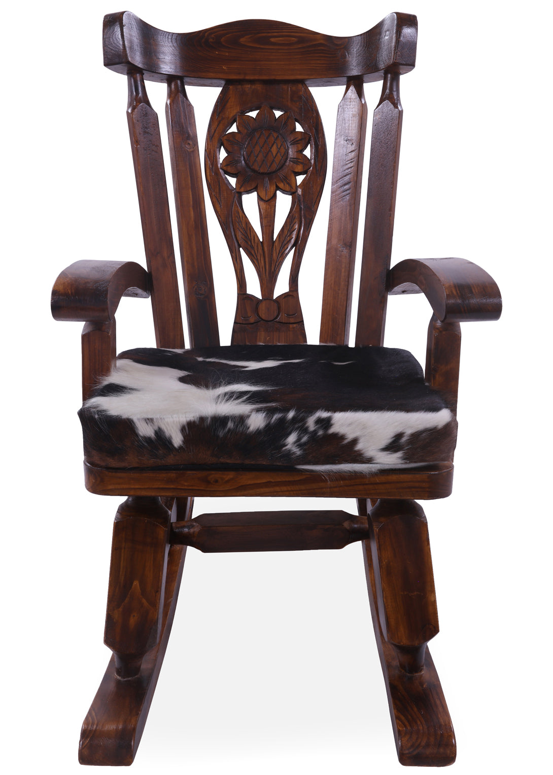 Wooden Rocking Chair Handcarved Back Sunflower Removable Hair-On Cowhide Pillow - Golden Nile