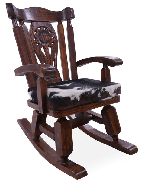 Wooden Rocking Chair Handcarved Back Sunflower Removable Hair-On Cowhide Pillow - Golden Nile