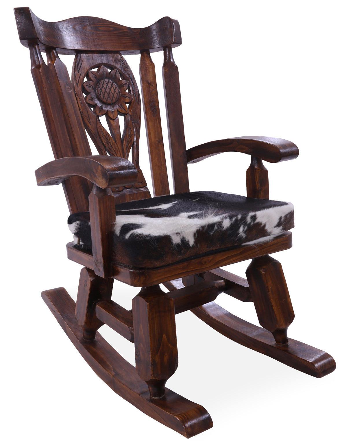 Wooden Rocking Chair Handcarved Back Sunflower Removable Hair-On Cowhide Pillow - Golden Nile