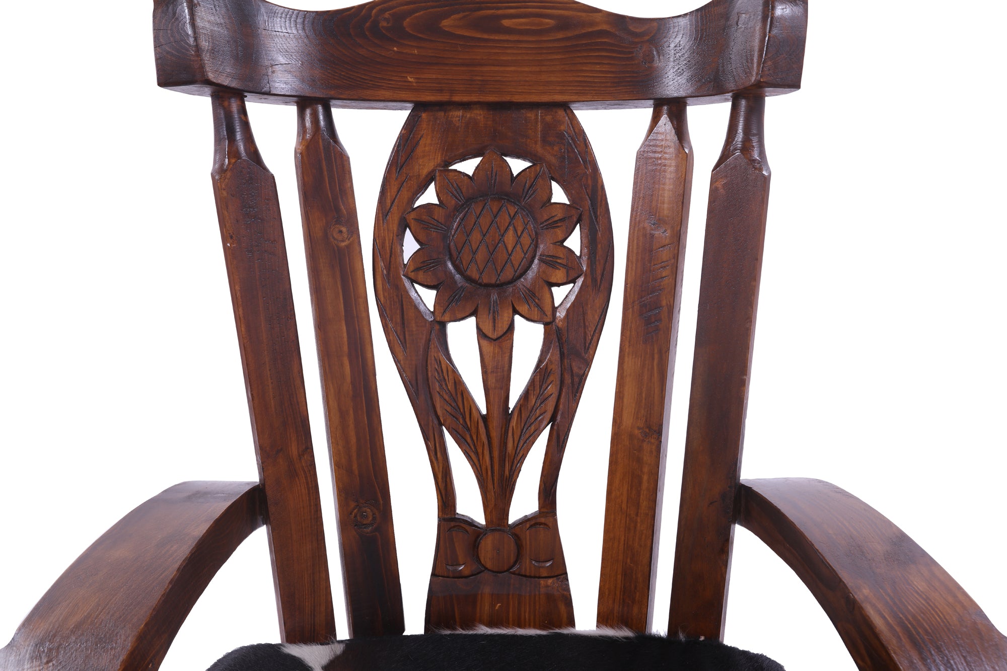 Wooden Rocking Chair Handcarved Back Sunflower Removable Hair-On Cowhide Pillow - Golden Nile