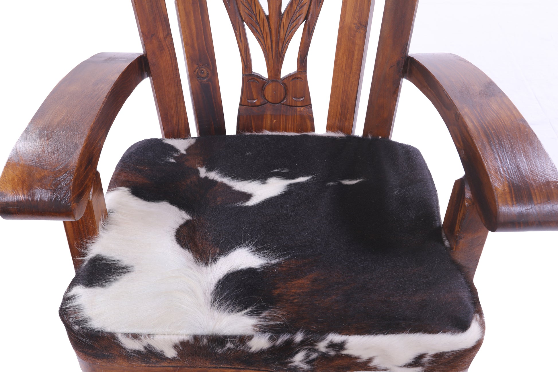 Wooden Rocking Chair Handcarved Back Sunflower Removable Hair-On Cowhide Pillow - Golden Nile