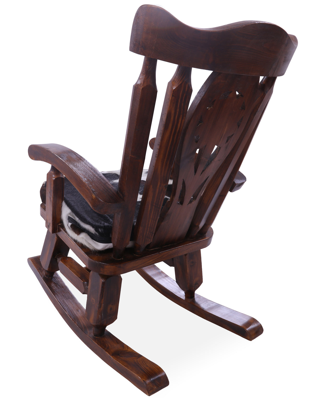 Wooden Rocking Chair Handcarved Back Sunflower Removable Hair-On Cowhide Pillow - Golden Nile