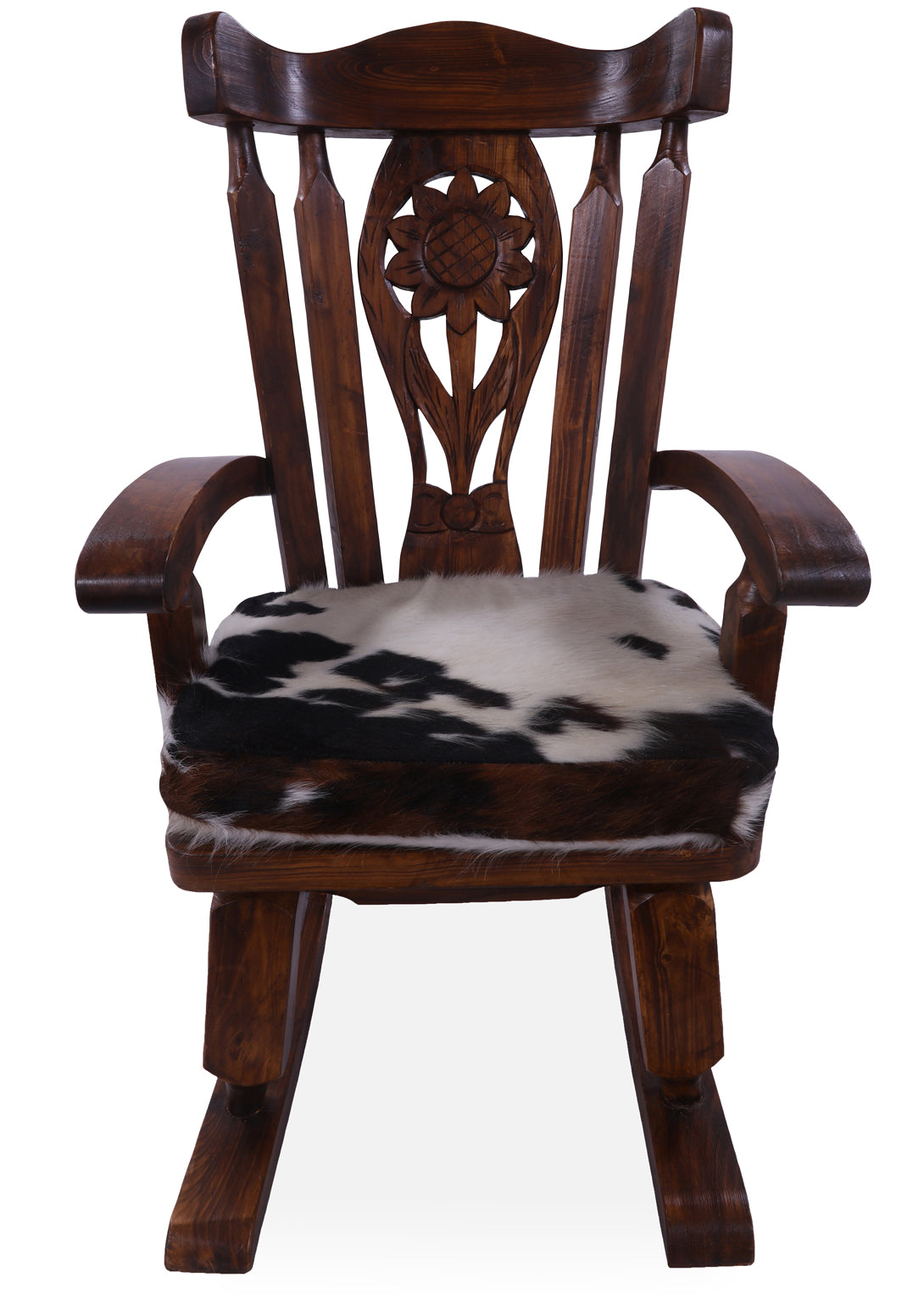 Wooden Rocking Chair Handcarved Back Sunflower Removable Hair-On Cowhide Pillow - Golden Nile