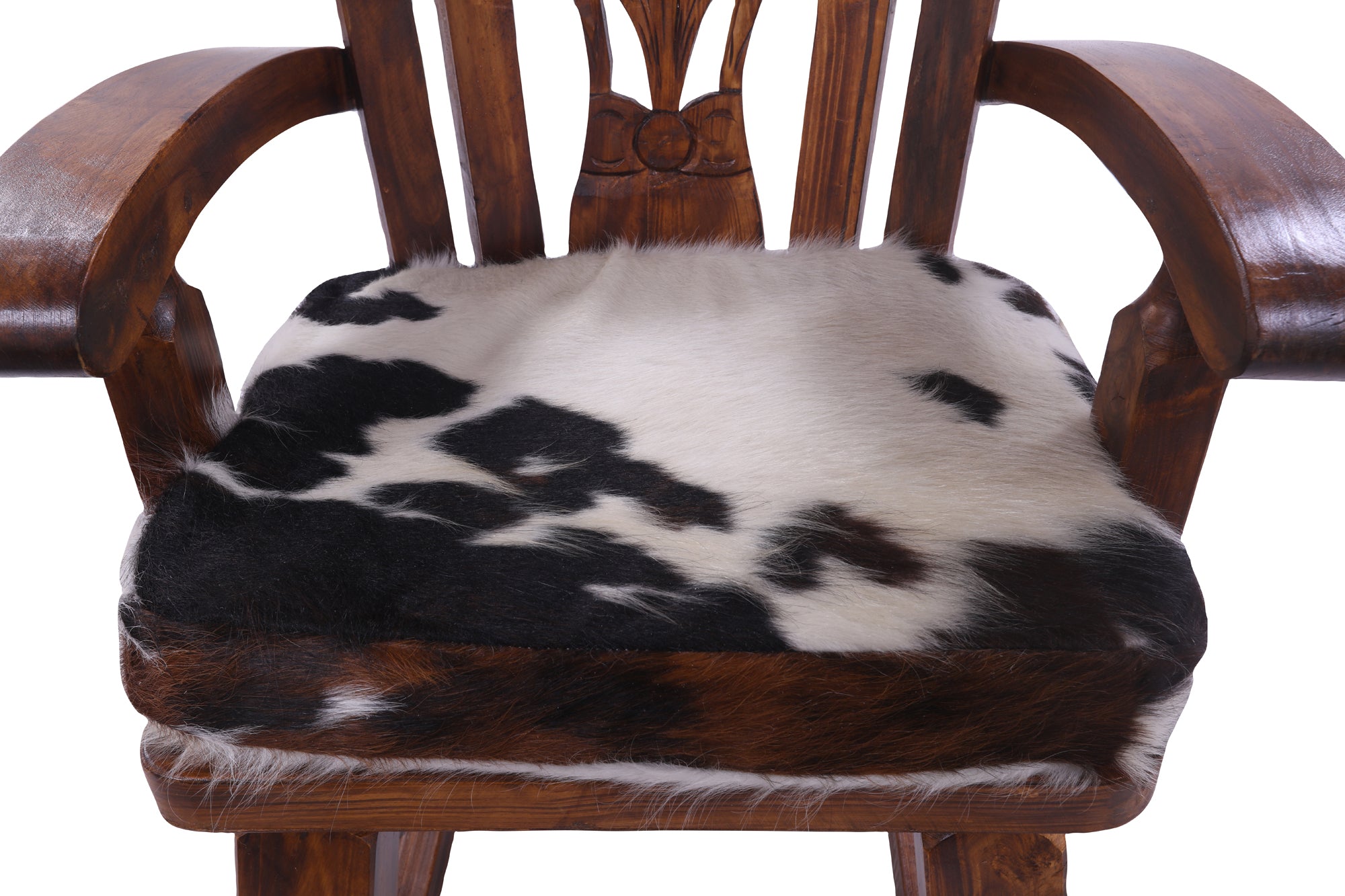Wooden Rocking Chair Handcarved Back Sunflower Removable Hair-On Cowhide Pillow - Golden Nile