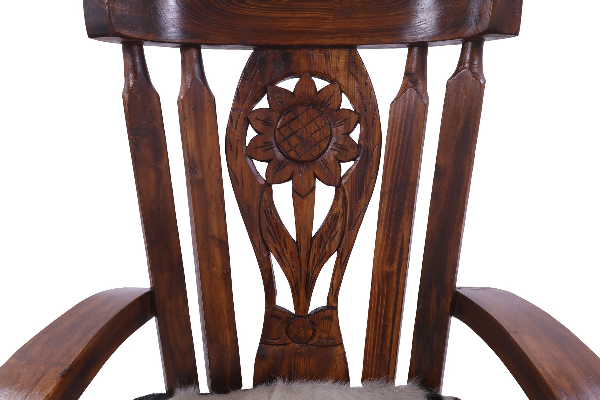 Wooden Rocking Chair Handcarved Back Sunflower Removable Hair-On Cowhide Pillow - Golden Nile