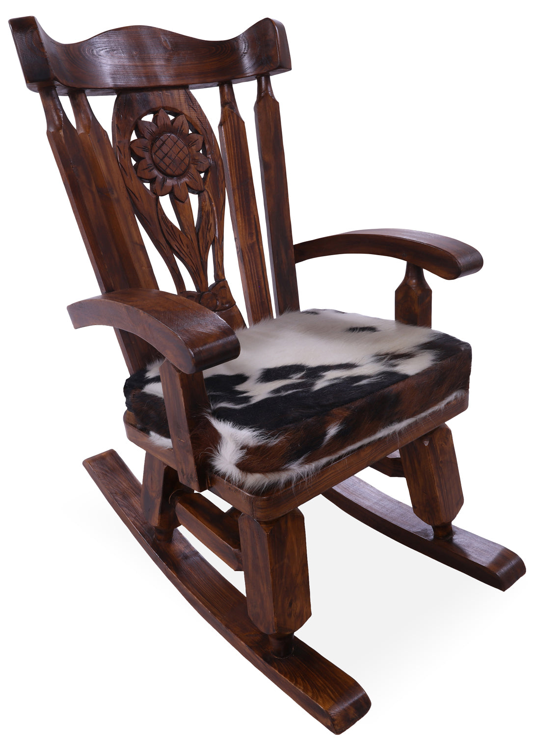 Wooden Rocking Chair Handcarved Back Sunflower Removable Hair-On Cowhide Pillow - Golden Nile
