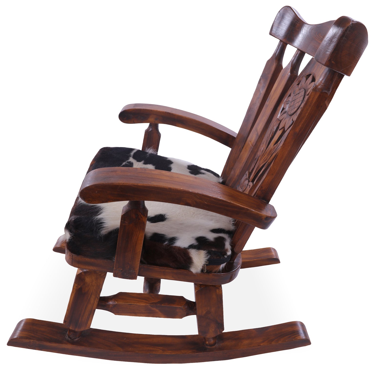 Wooden Rocking Chair Handcarved Back Sunflower Removable Hair-On Cowhide Pillow - Golden Nile