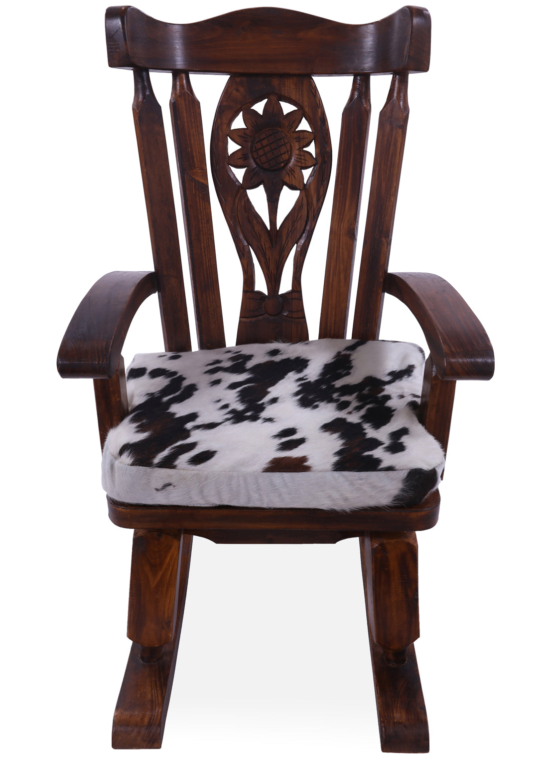 Wooden Rocking Chair Handcarved Back Sunflower Removable Hair-On Cowhide Pillow - Golden Nile