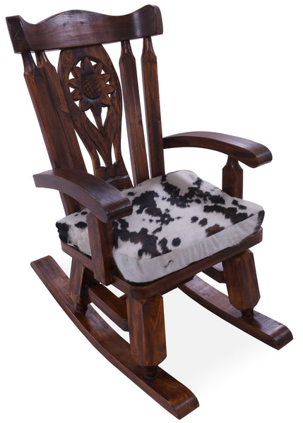 Wooden Rocking Chair Handcarved Back Sunflower Removable Hair-On Cowhide Pillow - Golden Nile