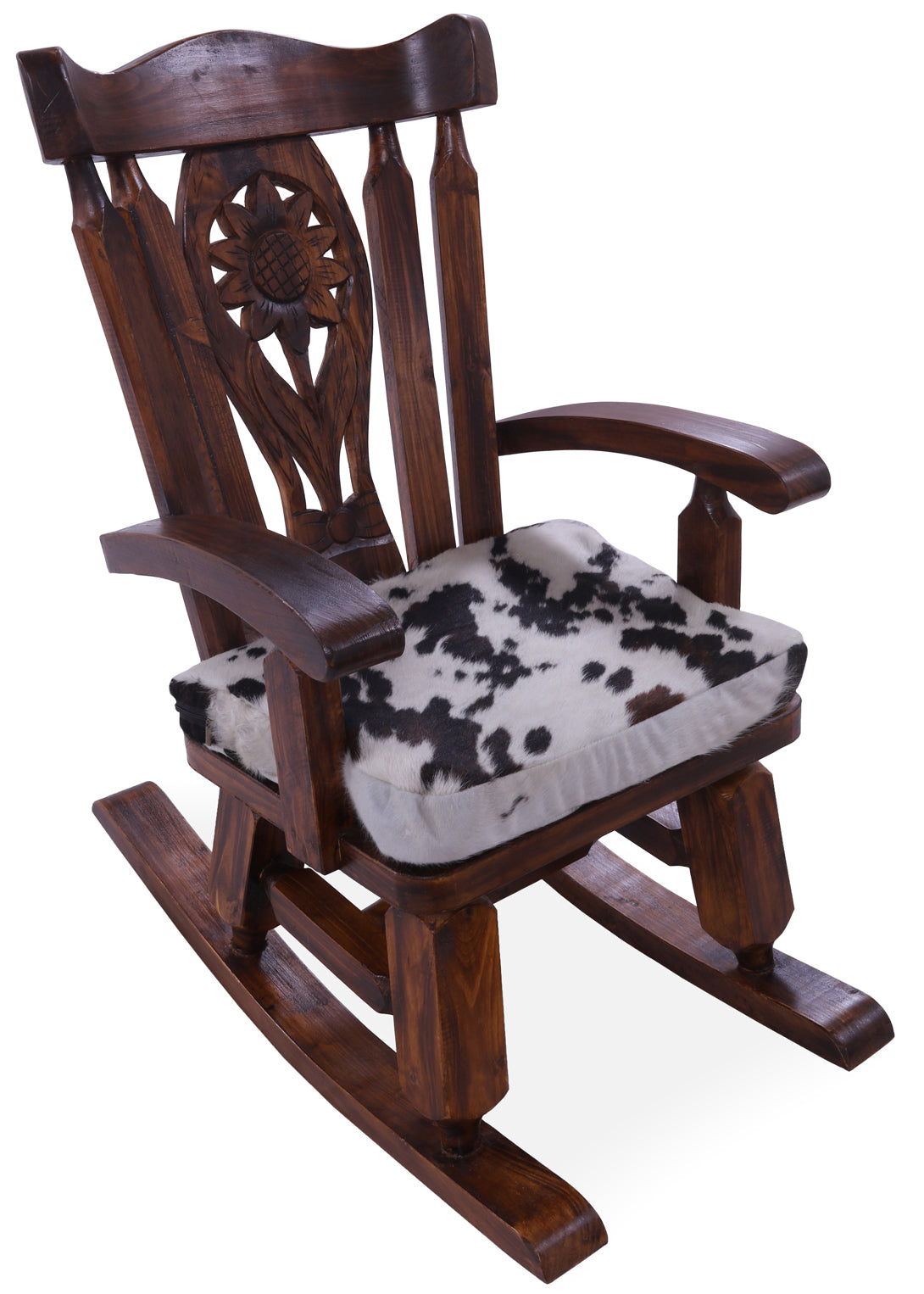 Wooden Rocking Chair Handcarved Back Sunflower Removable Hair-On Cowhide Pillow - Golden Nile