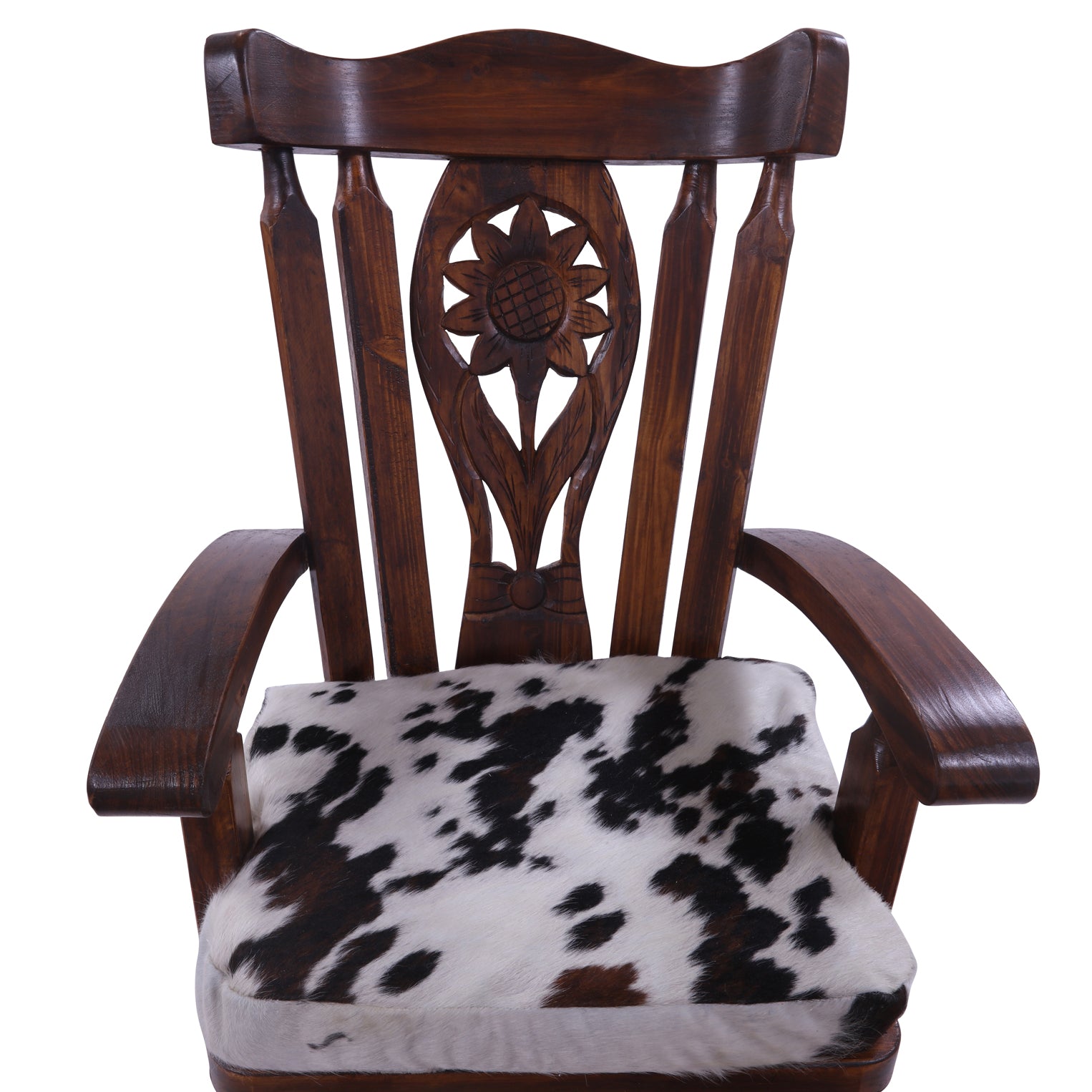 Wooden Rocking Chair Handcarved Back Sunflower Removable Hair-On Cowhide Pillow - Golden Nile