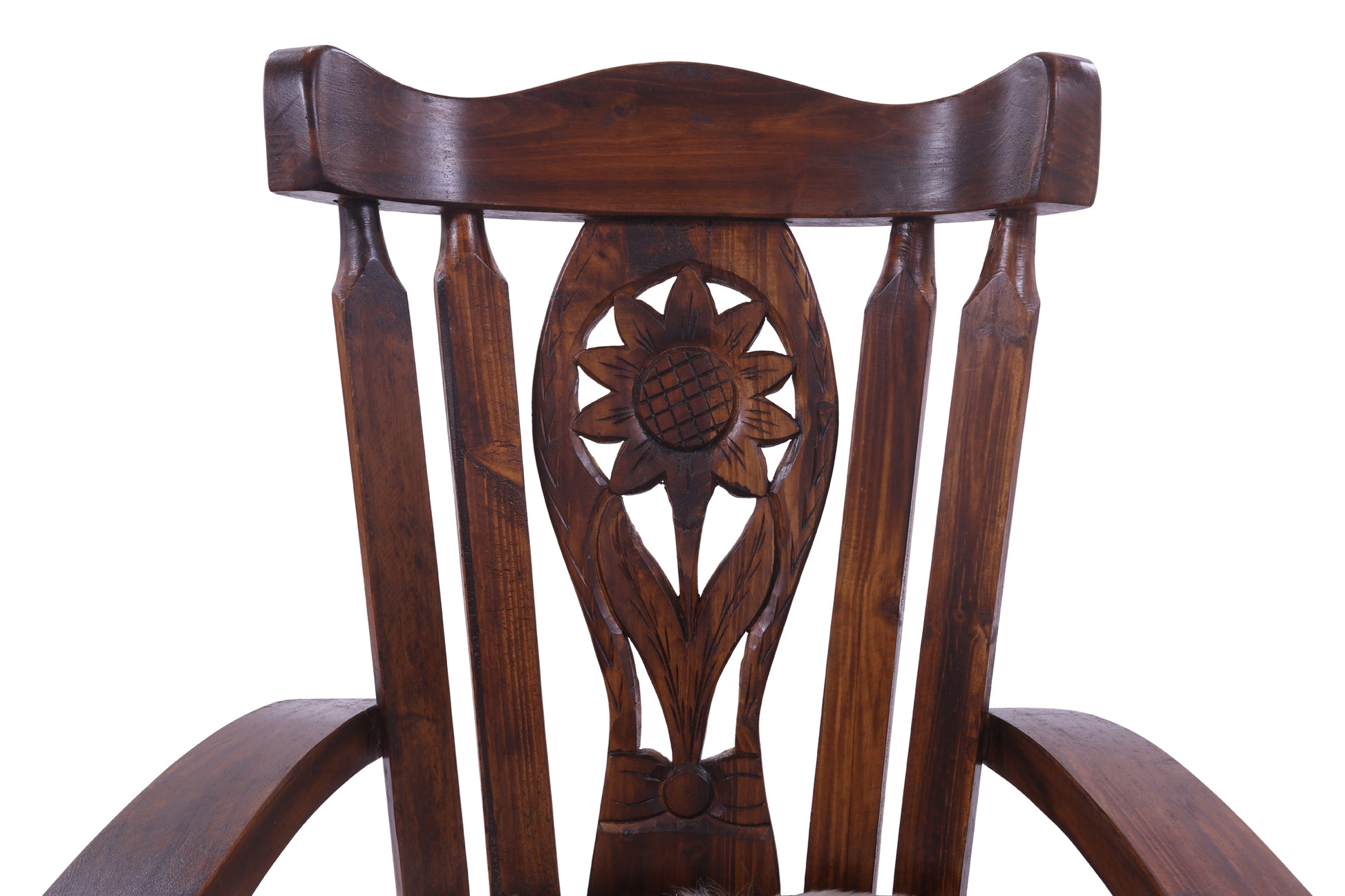 Wooden Rocking Chair Handcarved Back Sunflower Removable Hair-On Cowhide Pillow - Golden Nile