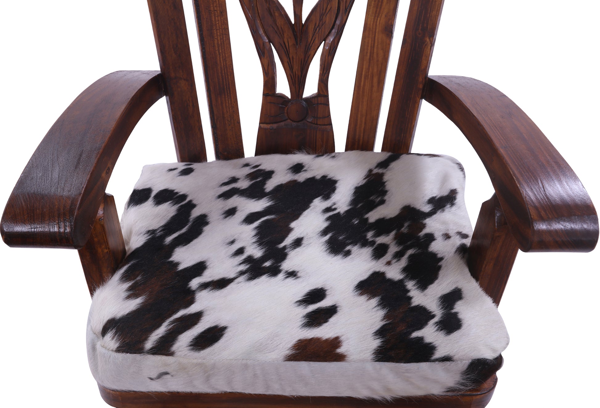 Wooden Rocking Chair Handcarved Back Sunflower Removable Hair-On Cowhide Pillow - Golden Nile