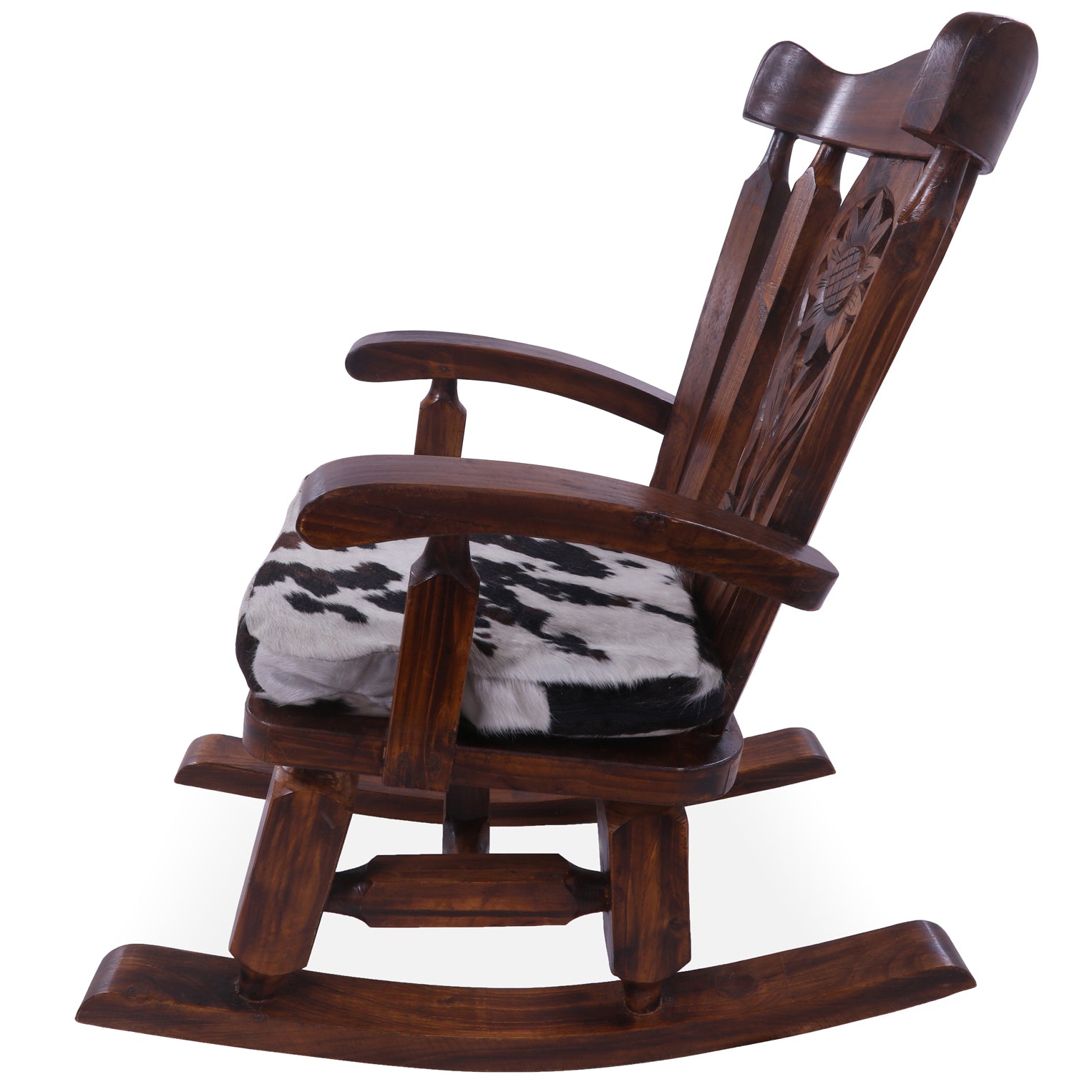Wooden Rocking Chair Handcarved Back Sunflower Removable Hair-On Cowhide Pillow - Golden Nile
