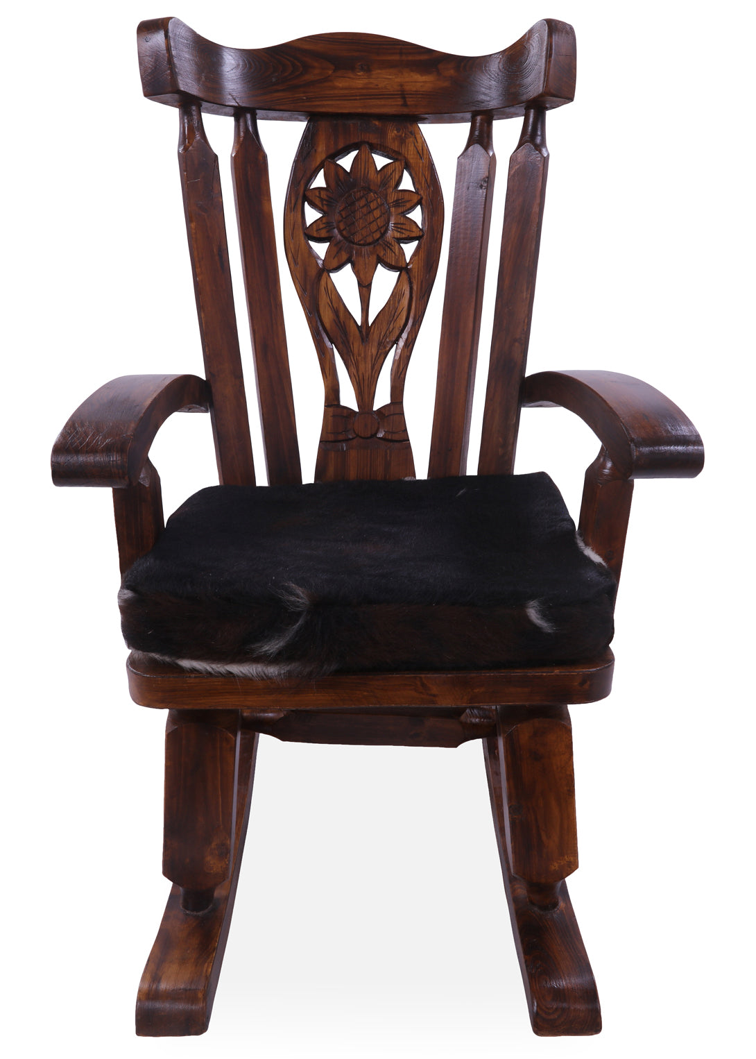 Wooden Rocking Chair Handcarved Back Sunflower Removable Hair-On Cowhide Pillow - Golden Nile