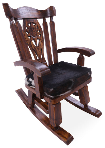Wooden Rocking Chair Handcarved Back Sunflower Removable Hair-On Cowhide Pillow - Golden Nile