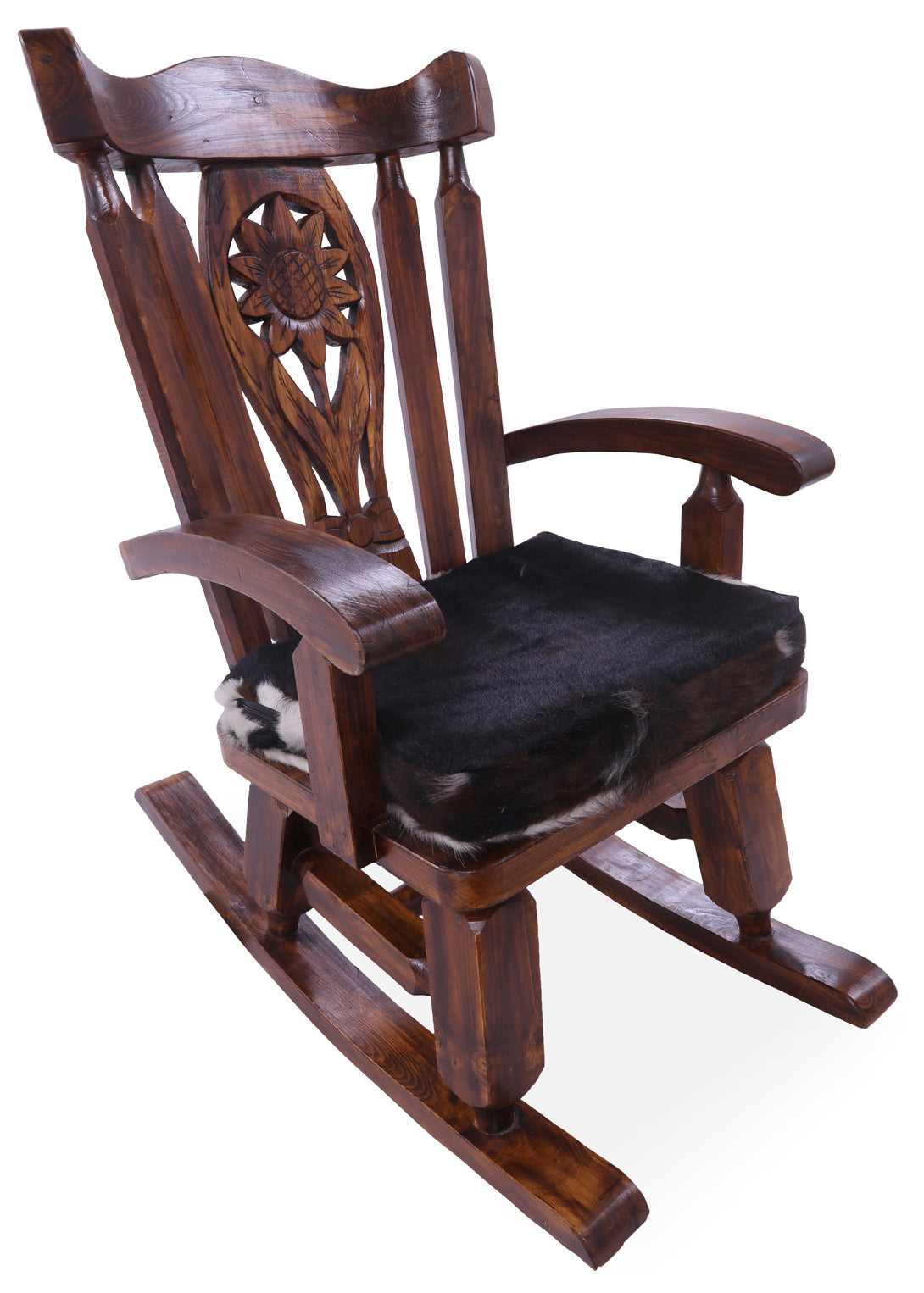 Wooden Rocking Chair Handcarved Back Sunflower Removable Hair-On Cowhide Pillow - Golden Nile