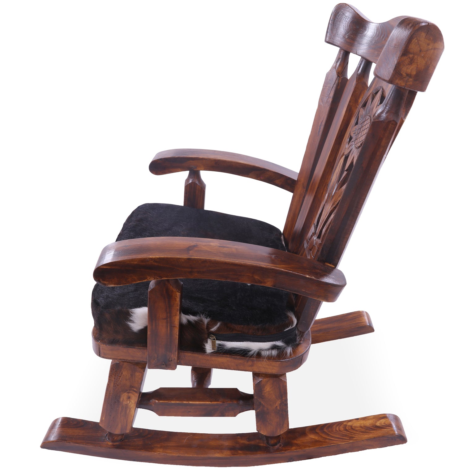 Wooden Rocking Chair Handcarved Back Sunflower Removable Hair-On Cowhide Pillow - Golden Nile