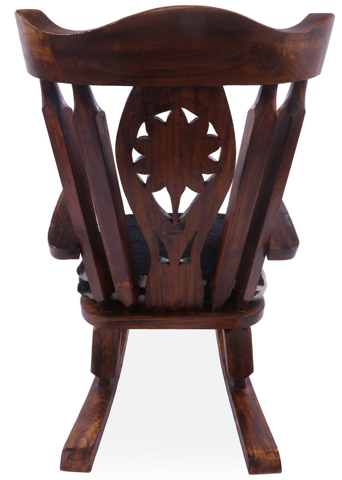Wooden Rocking Chair Handcarved Back Sunflower Removable Hair-On Cowhide Pillow - Golden Nile