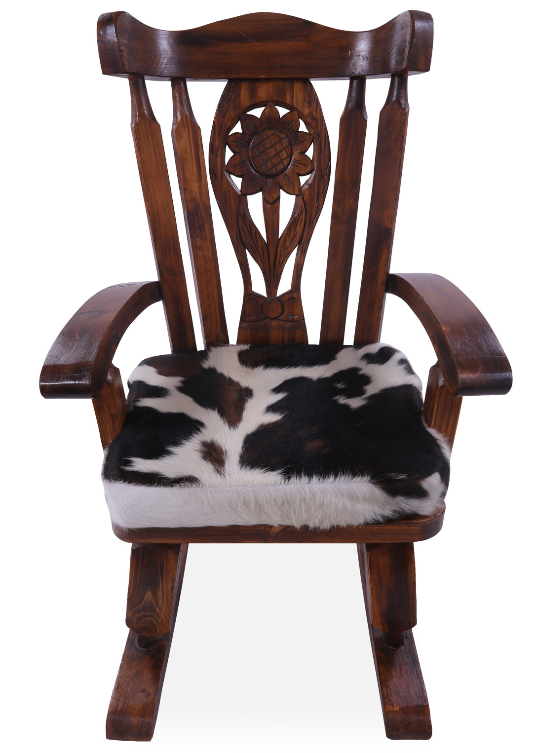 Wooden Rocking Chair Handcarved Back Sunflower Removable Hair-On Cowhide Pillow - Golden Nile