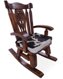 Wooden Rocking Chair Handcarved Back Sunflower Removable Hair-On Cowhide Pillow - Golden Nile