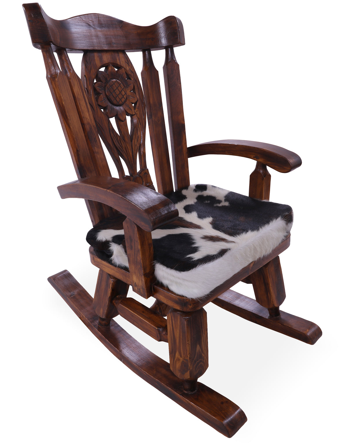 Wooden Rocking Chair Handcarved Back Sunflower Removable Hair-On Cowhide Pillow - Golden Nile