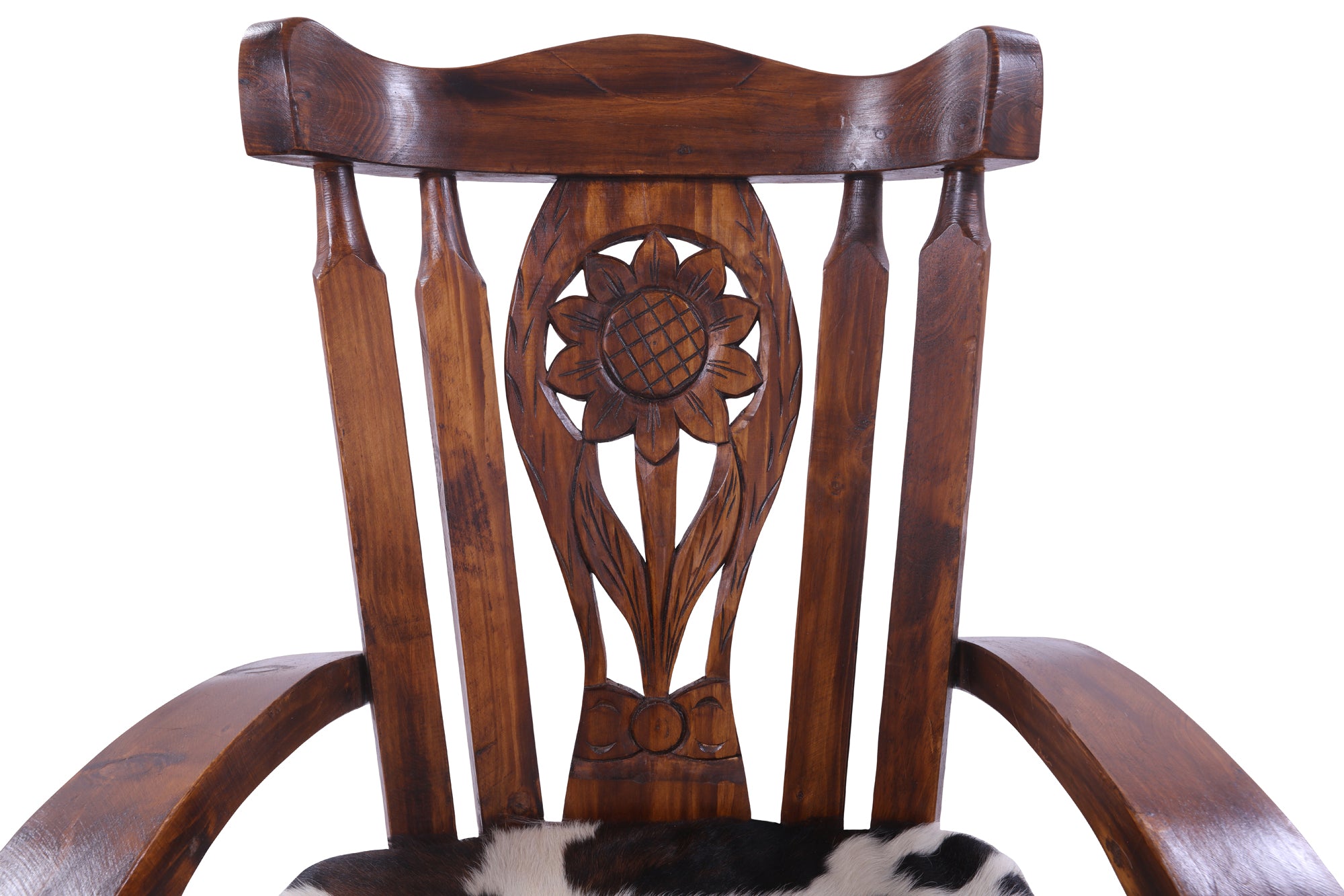 Wooden Rocking Chair Handcarved Back Sunflower Removable Hair-On Cowhide Pillow - Golden Nile