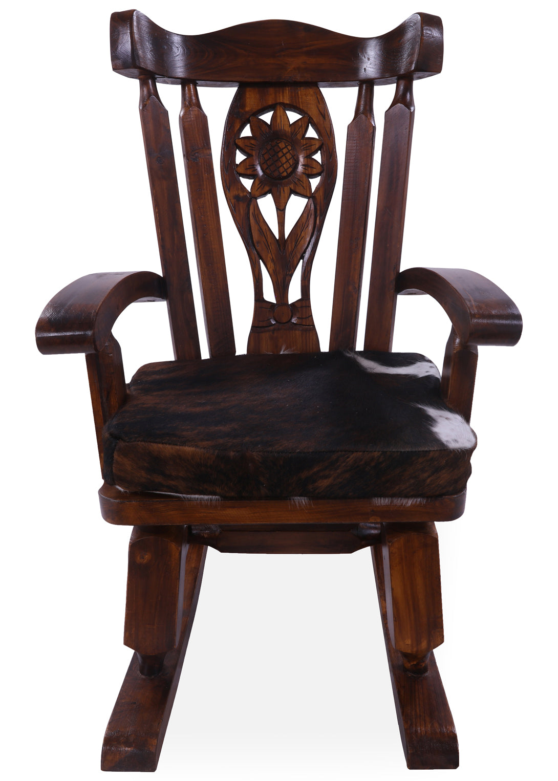 Wooden Rocking Chair Handcarved Back Sunflower Removable Hair-On Cowhide Pillow - Golden Nile