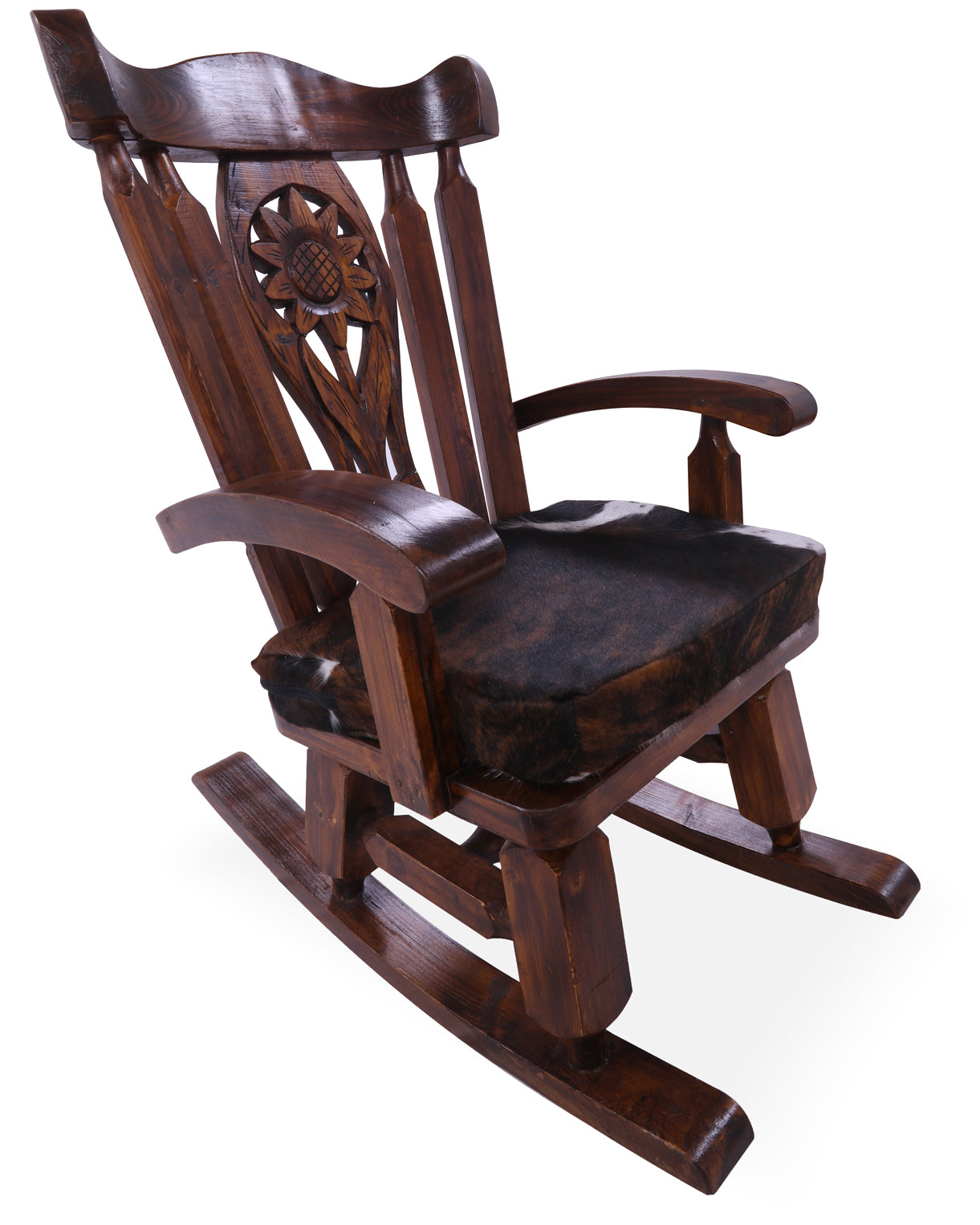 Wooden Rocking Chair Handcarved Back Sunflower Removable Hair-On Cowhide Pillow - Golden Nile