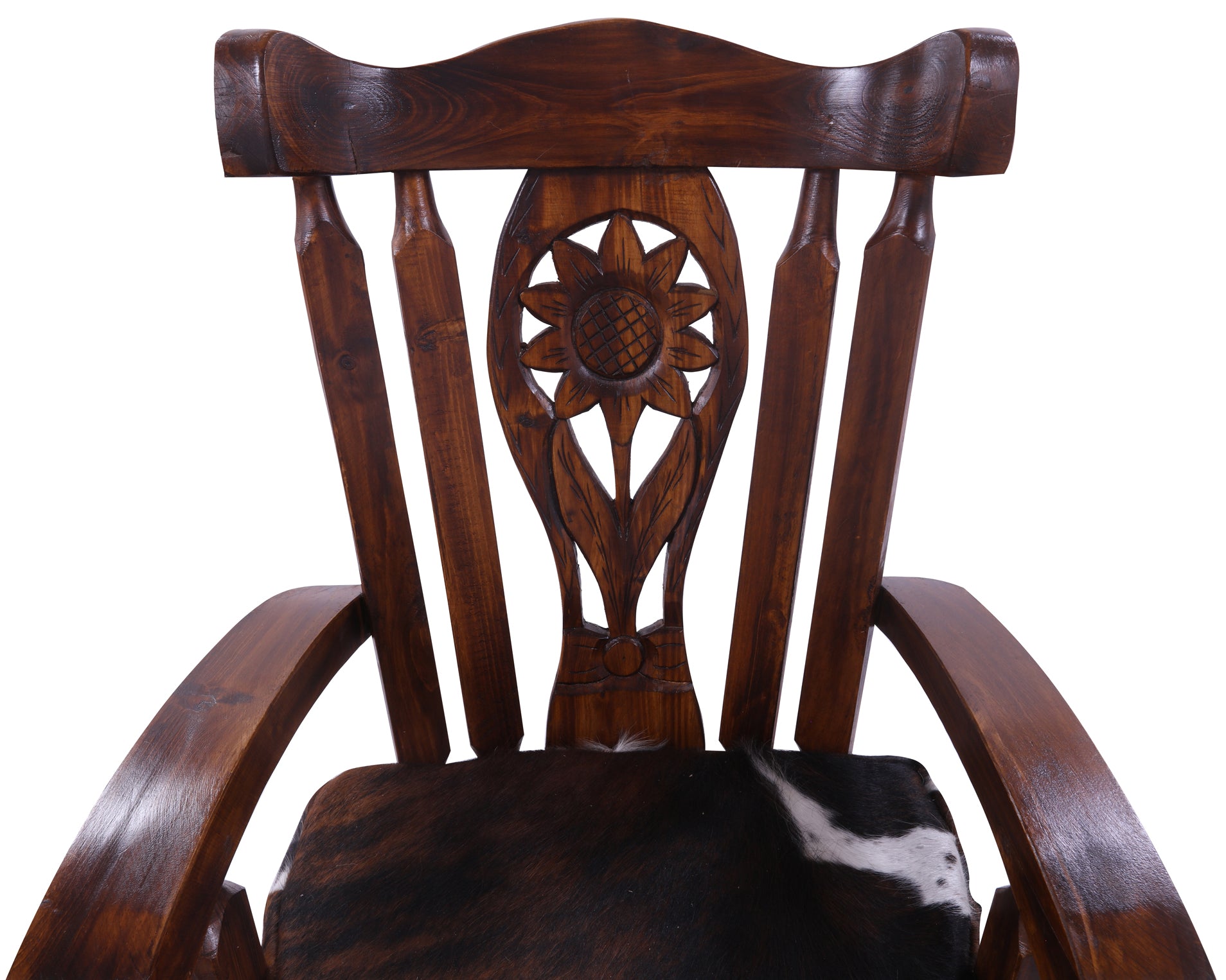 Wooden Rocking Chair Handcarved Back Sunflower Removable Hair-On Cowhide Pillow - Golden Nile