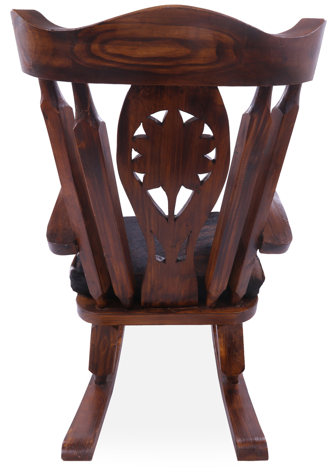Wooden Rocking Chair Handcarved Back Sunflower Removable Hair-On Cowhide Pillow - Golden Nile