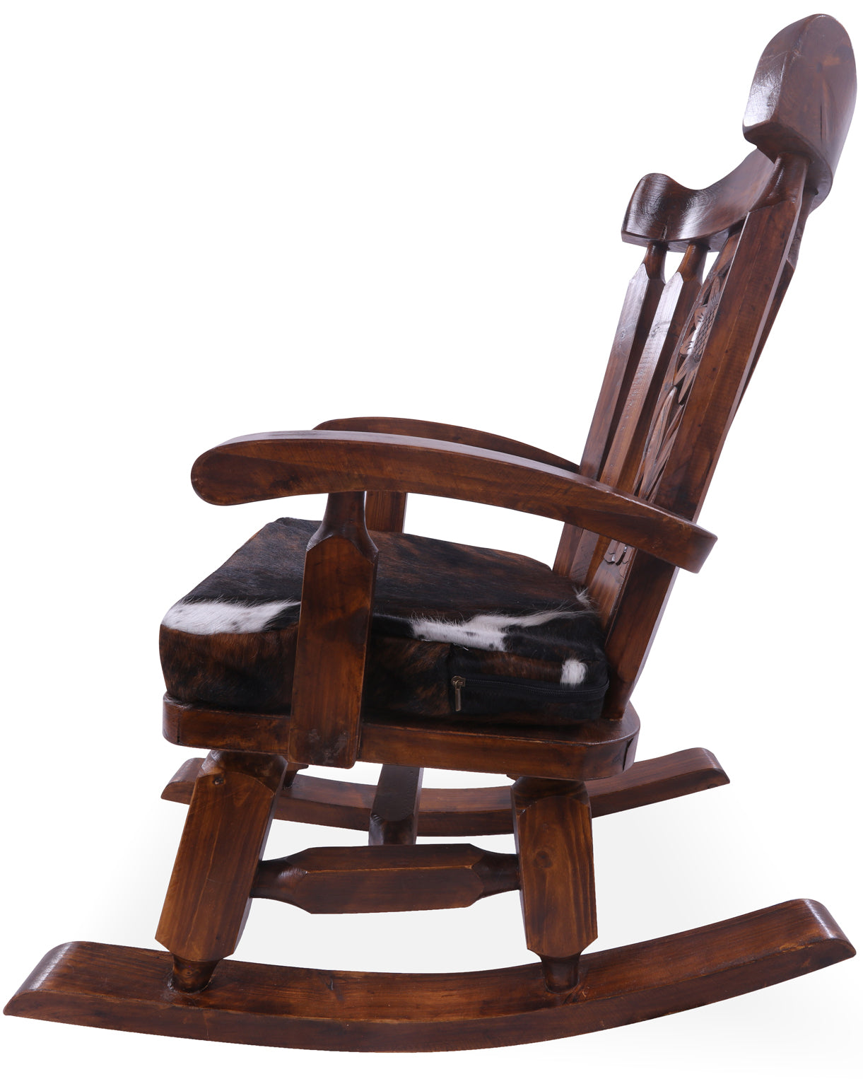 Wooden Rocking Chair Handcarved Back Sunflower Removable Hair-On Cowhide Pillow - Golden Nile