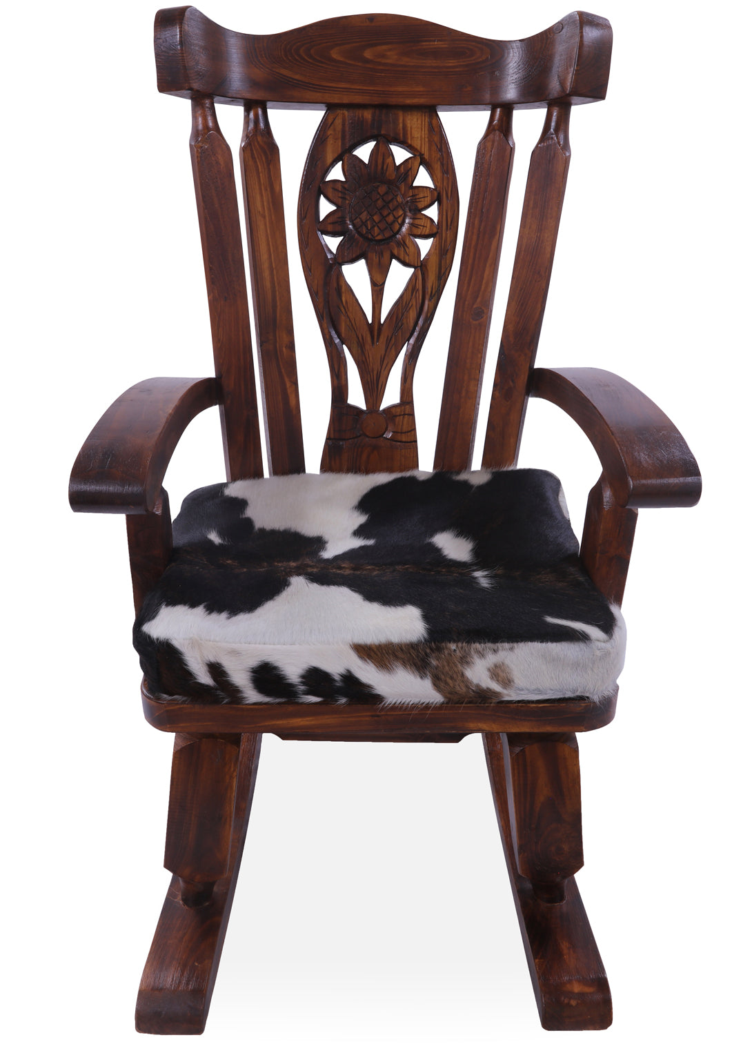 Wooden Rocking Chair Handcarved Back Sunflower Removable Hair-On Cowhide Pillow - Golden Nile