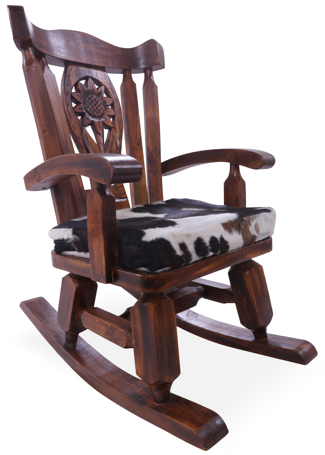 Wooden Rocking Chair Handcarved Back Sunflower Removable Hair-On Cowhide Pillow - Golden Nile