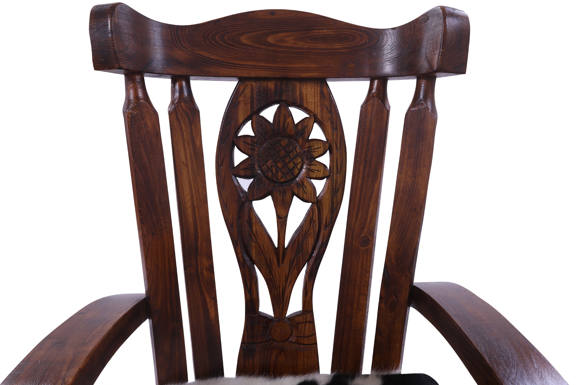 Wooden Rocking Chair Handcarved Back Sunflower Removable Hair-On Cowhide Pillow - Golden Nile