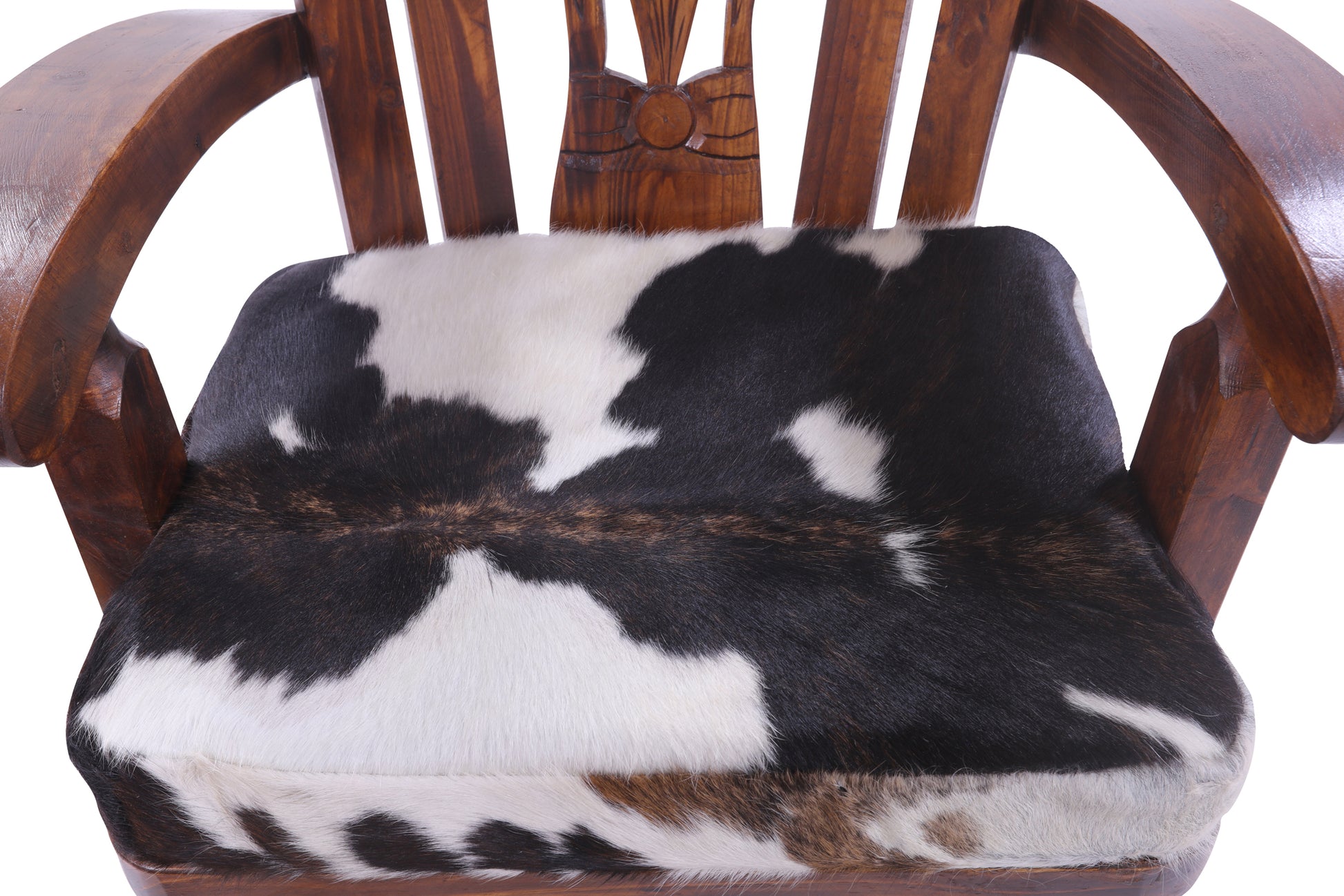 Wooden Rocking Chair Handcarved Back Sunflower Removable Hair-On Cowhide Pillow - Golden Nile