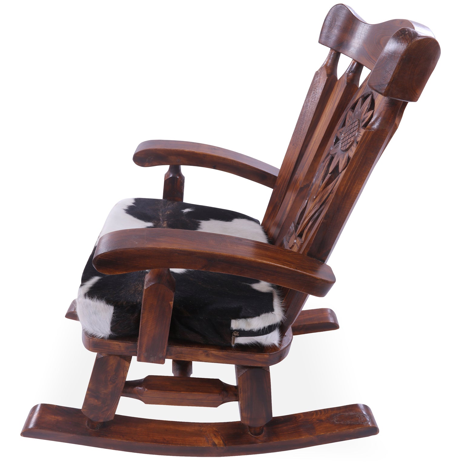 Wooden Rocking Chair Handcarved Back Sunflower Removable Hair-On Cowhide Pillow - Golden Nile