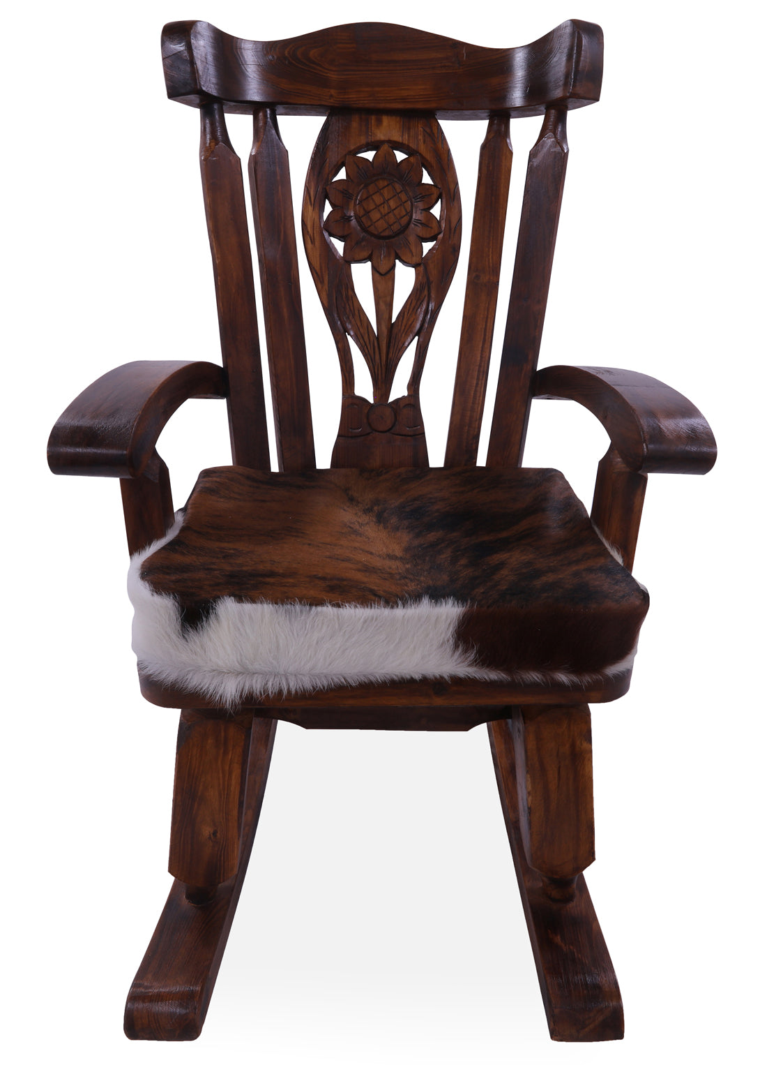 Wooden Rocking Chair Handcarved Back Sunflower Removable Hair-On Cowhide Pillow - Golden Nile