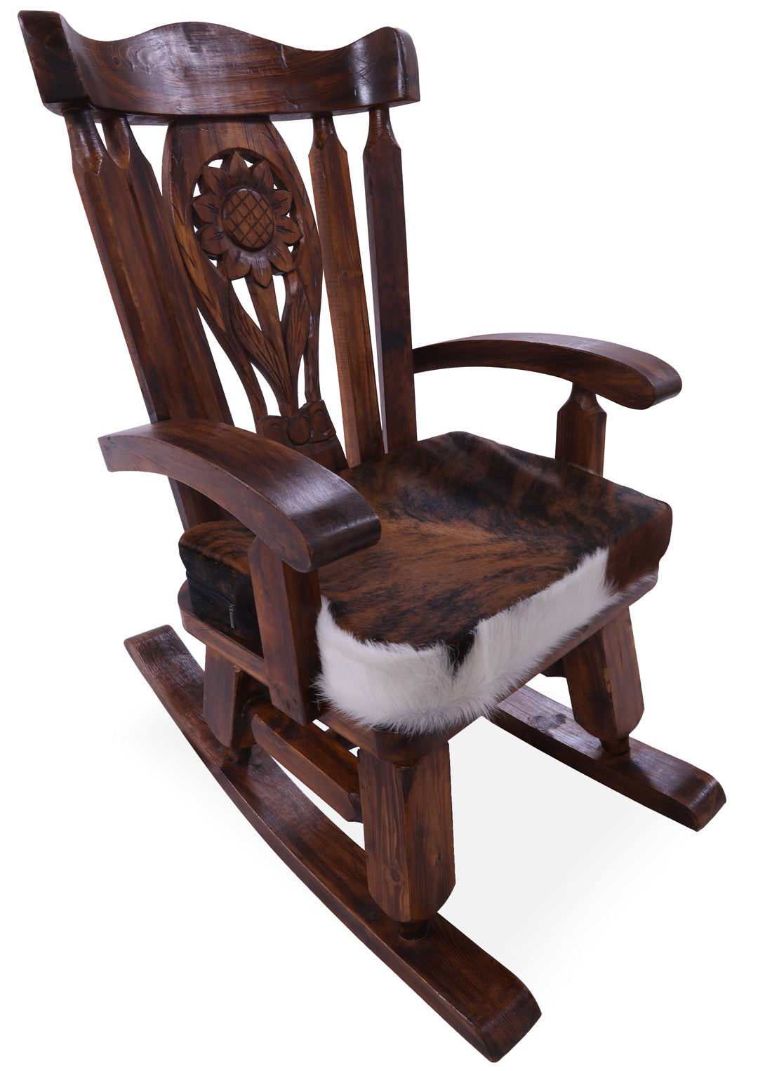 Wooden Rocking Chair Handcarved Back Sunflower Removable Hair-On Cowhide Pillow - Golden Nile