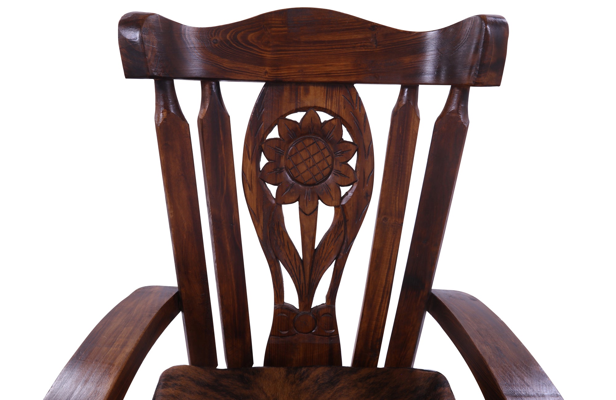 Wooden Rocking Chair Handcarved Back Sunflower Removable Hair-On Cowhide Pillow - Golden Nile