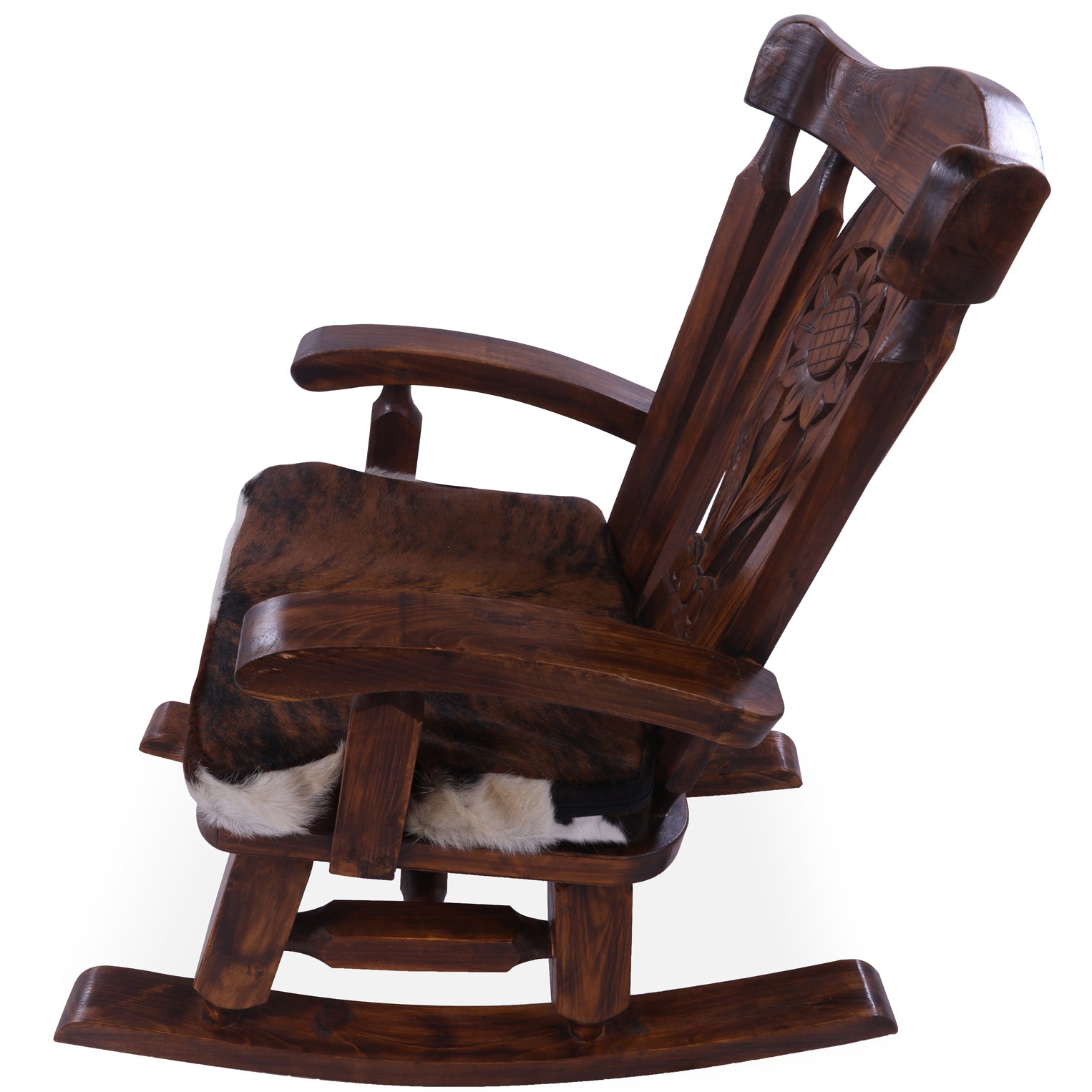 Wooden Rocking Chair Handcarved Back Sunflower Removable Hair-On Cowhide Pillow - Golden Nile