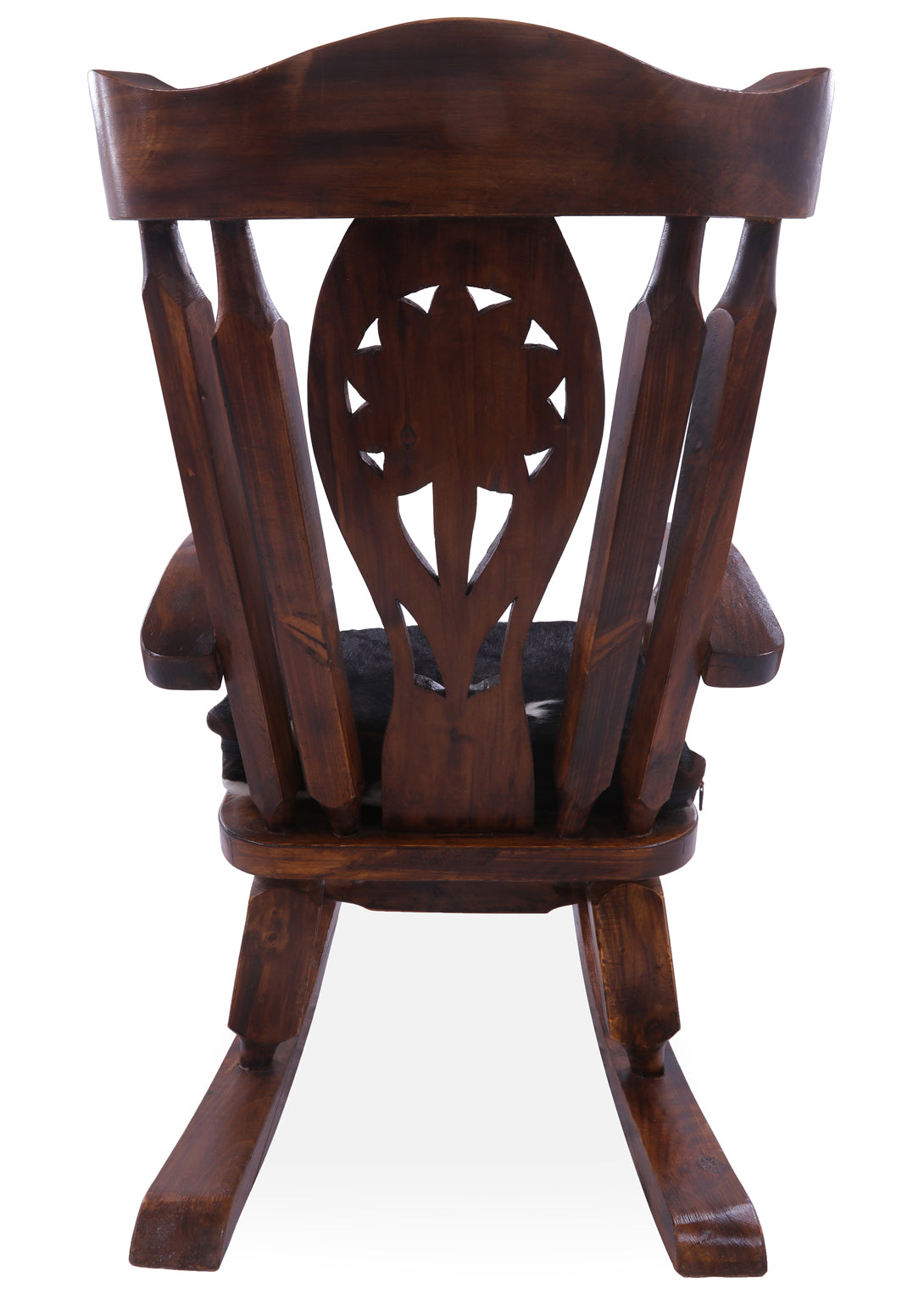 Wooden Rocking Chair Handcarved Back Sunflower Removable Hair-On Cowhide Pillow - Golden Nile